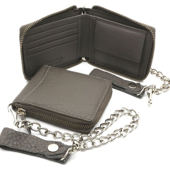 Bifold Genuine Leather Gray Wallet with Chain - Picture 2 of 7
